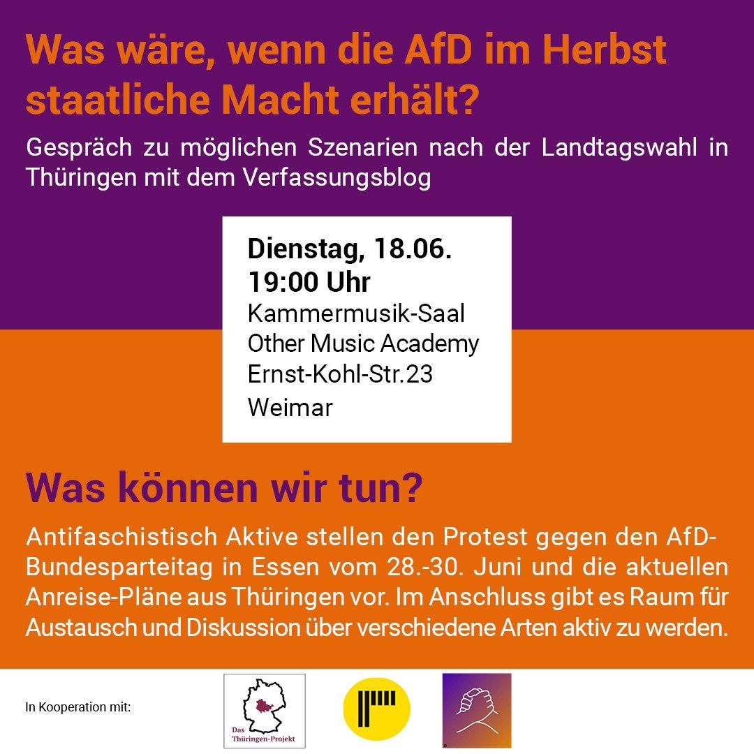 rechtsruckstopp's tweet photo. Veranstaltung in Weimar am 18.06.:  
Die EU-Wahlen bestätigen Umfragewerte der letzten Zeit: Bei  einer Wahlbeteiligung zw. 50 und knapp 70% wählten am Sonntag bis zu 39% in Thüringer Landkreisen die AfD.
Was bedeutet das konkret für uns?
Was könnte im Herbst auf uns zu kommen? https://t.co/JWSnd5Md6x