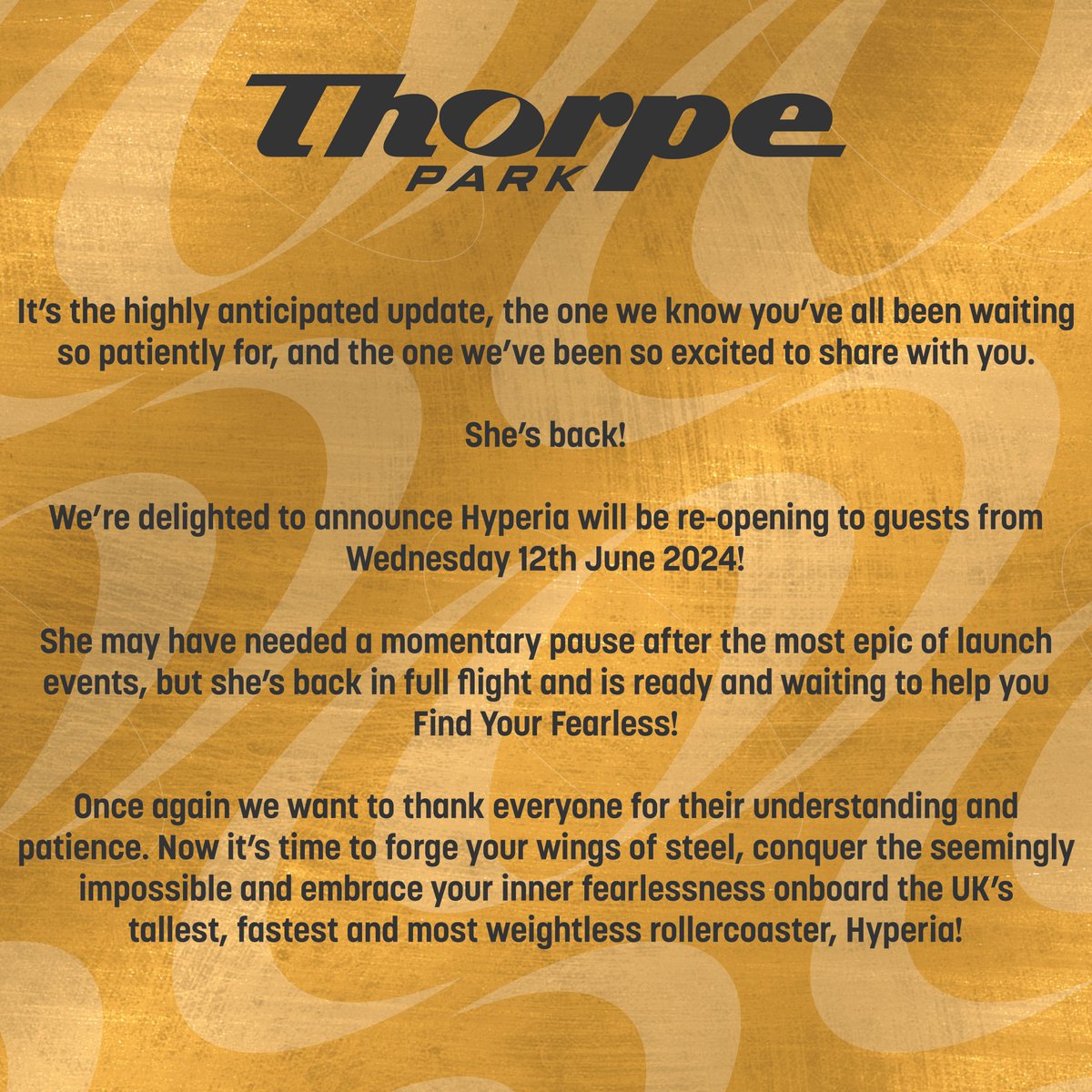 It’s the highly anticipated update, the one we know you’ve all been waiting so patiently for, and the one we’ve been so excited to share with you.
 
She’s back!

#ThorpePark #ThemePark #DayOut #Rollercoaster #Coaster #Visit #Hyperia #FindYourFearless #Opening #OpeningDay