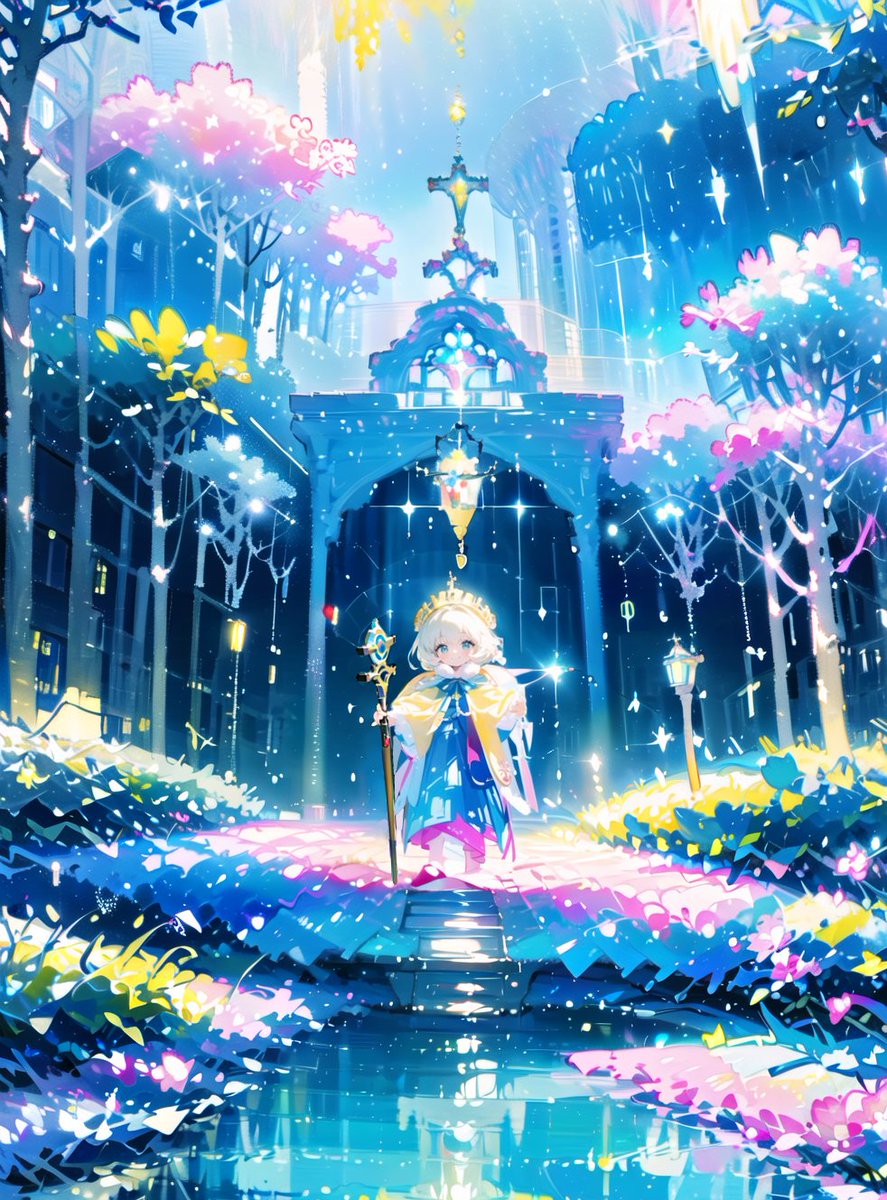 FURI_21's tweet photo. AIイラスト100日チャレンジ
9日目　虹色の世界と神官ちゃん
#虹🌈 #pixai @pixai_official https://t.co/nzqapPWURZ
