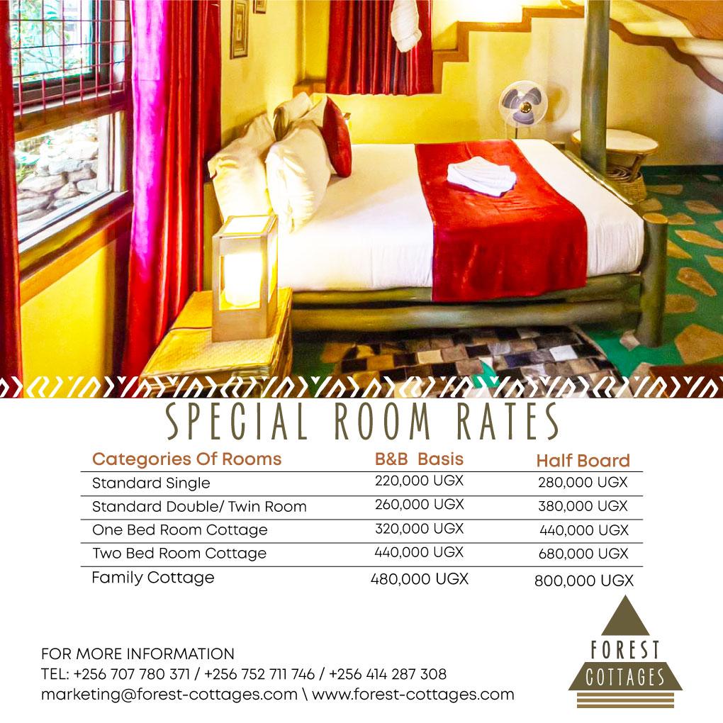 Discover our special room rates and immerse yourself in the serenity of nature. Whether you need a cozy single or a spacious family cottage, we have the perfect accommodation for you.
Visit forest-cottages.com or contact us on +256 752 711 746/ +256 707 780 371