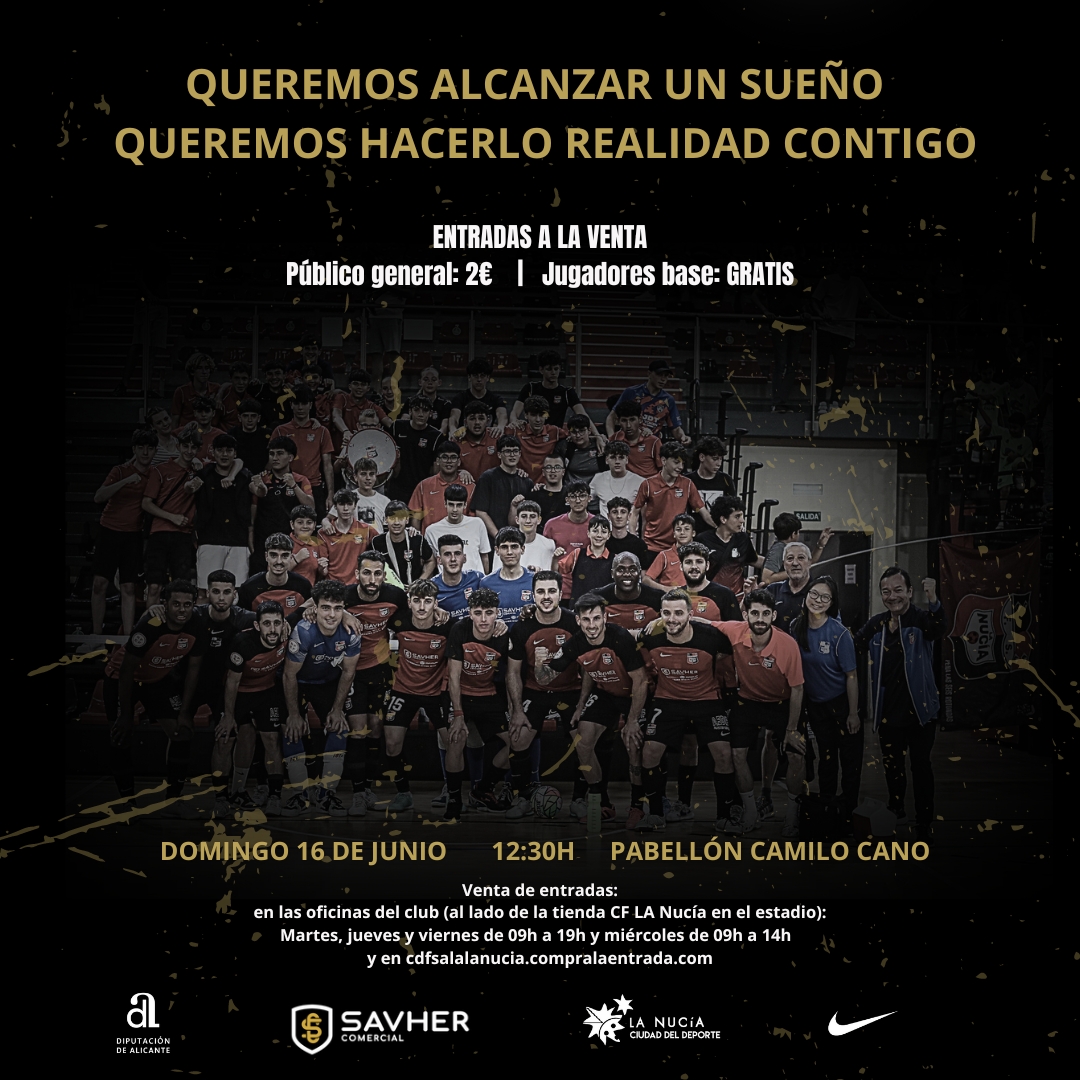 ⚔️𝐏𝐥𝐚𝐲𝐨𝐟𝐟 ⚔️

‼️ ENTRADAS A LA VENTA

🟥 Público general: 2€ 
👶Jugadores base: GRATIS

De venta en:
📍Oficinas (al lado de la tienda CF La Nucía)
⏰Martes, jueves y viernes de 09h a 19h y miércoles de 09h a 14h

📲 Online: cdfsalalanucia.compralaentrada.com/eventos/ 

#vamosnucia❤️🖤