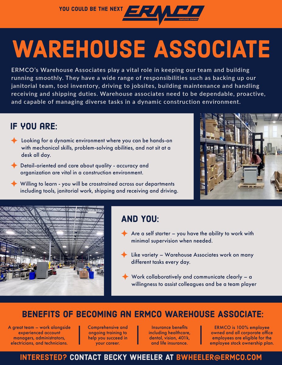 ERMCOInc's tweet photo. Recently graduated or looking for a new opportunity in your career path? Join the @ERMCOInc warehouse team for a job with great benefits, that provides variety everyday without sitting behind a desk.

Apply at https://t.co/yj8ndb1qKX

#WeAreERMCO #Hiring #Team https://t.co/fZsH1pkXq0