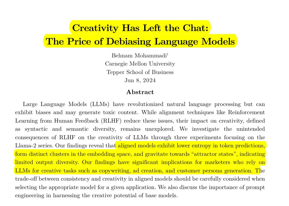 rohanpaul_ai's tweet photo. RLHF heavily reduces LLM creativity and output variety. 🤔

This paper explores on the unintended consequences of aligning Large Language Models with RLHF. 

While alignment reduces toxic and biased content, it also seems to limit their creativity, defined as the ability to generate outputs with high syntactic and semantic diversity.

✨ The cause of this reduction in creativity is that many token trajectories become blocked during RLHF, i.e., the model loses its ability to produce certain tokens, even if they are unrelated to generating toxic or biased content. This makes aligned models function more like deterministic algorithms rather than creative generative models.

📌 The paper takes a foundational approach, examining the issue at both semantic and syntactic levels through three experiments. Experiment 1 demonstrates the impact of RLHF on creativity in a practical marketing context by comparing the diversity of customer personas and product reviews generated by base and aligned models. The aligned model exhibits less diversity in demographics and more repetitive patterns in reviews compared to the base model.

📌 Experiment 2 investigates the semantic diversity of model outputs, revealing that aligned models form distinct clusters in the embedding space, indicating a limited range of outputs compared to base models. Aligned models tend to gravitate towards specific "attractor states", a phenomenon related to mode collapse in reinforcement learning, making them resemble goal-directed agents rather than autoregressive models capable of generating various completions.

📌 Experiment 3 explores into syntactic diversity, showing that aligned models exhibit lower entropy in token predictions.

📌 The paper attributes the attractor states and mode collapse observed in aligned models to the use of Proximal Policy Optimization (PPO) in the RLHF process. PPO updates the policy based on the advantage function, which measures how much better a specific action is compared to the average action taken by the current policy. This can lead to arbitrarily high logits on certain LLM responses, causing the model to get stuck in a limited set of behaviors or outputs.