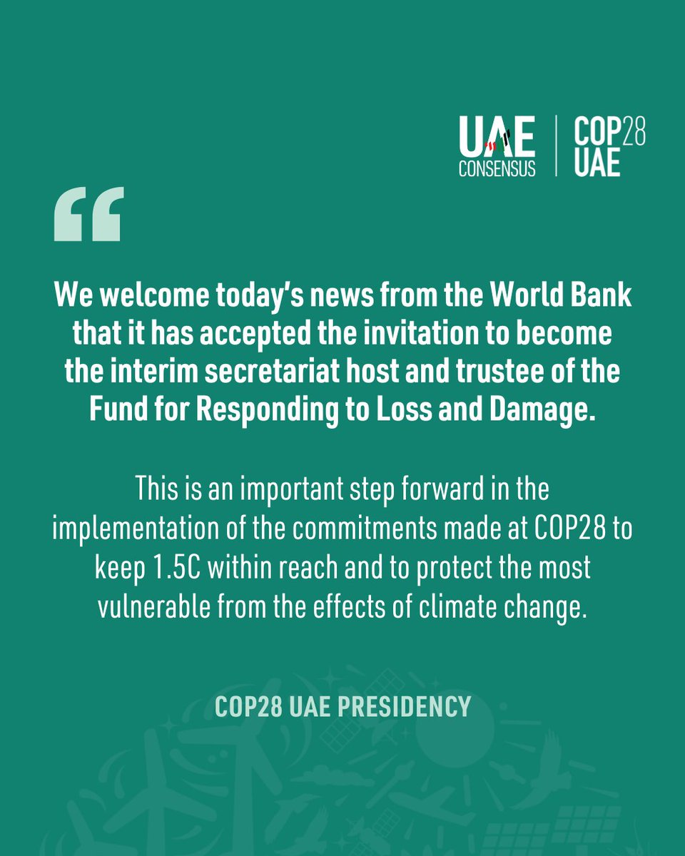 The <a href="/WorldBank/">World Bank</a> accepting the invitation to become the interim secretariat host and trustee of the Fund for Responding to Loss and Damage is a stride forward for the commitments made during last year's COP28.

Fully operationalized and capitalized on the first day of COP28, the