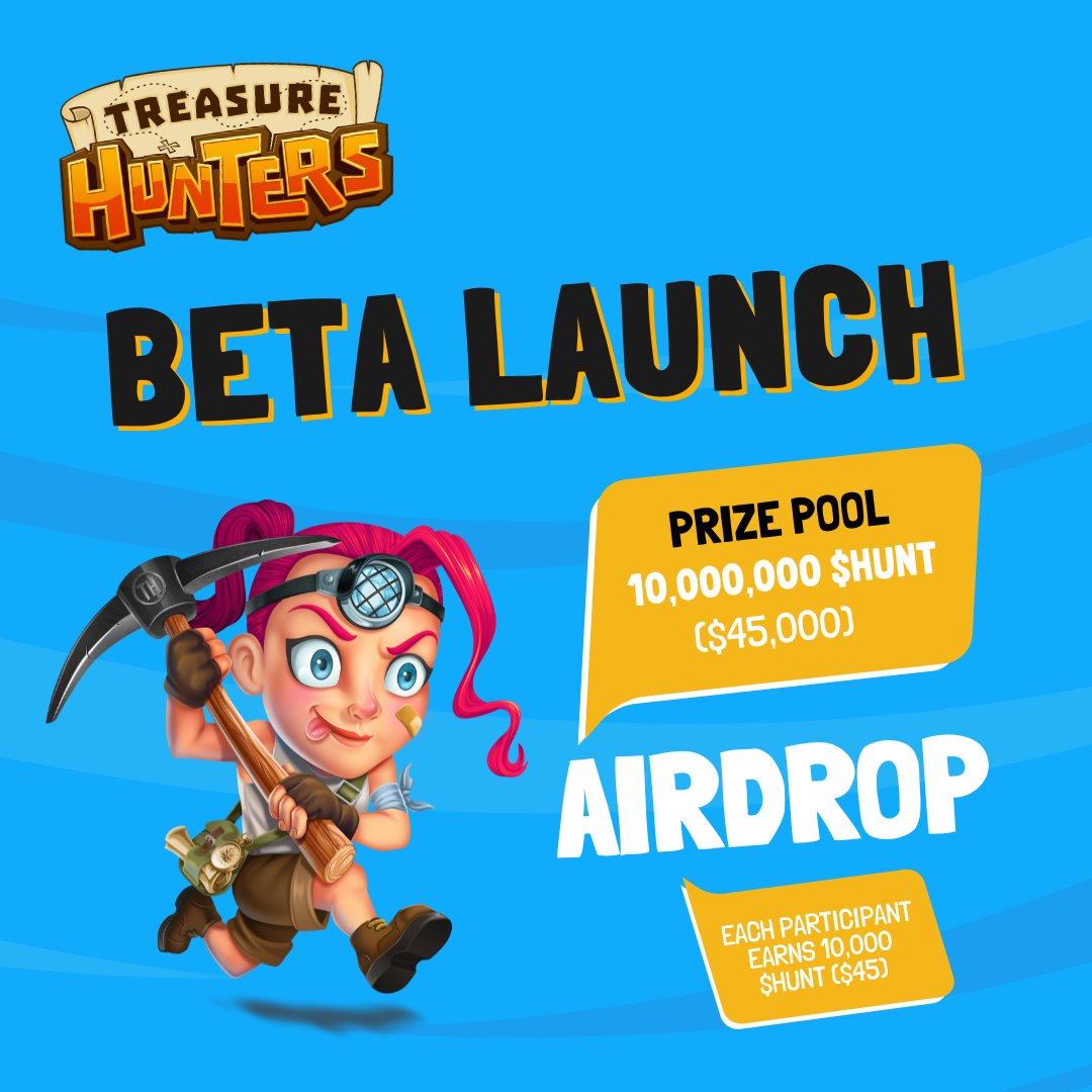🎮 BETA Launch - AIRDROP HAS STARTED 🎮

🪙 10,000,000 $HUNT Prize Pool ($45,000) !
🏆 50 Winners

Join the airdrop here : 
gleam.io/rtcrN/treasure…

🤩 Each participant will receive 10,000 $HUNT ($45)🤩

🗓 Ends June 26, 2024 - 12PM CET

Can't wait! 🤠

#airdrop #treasurehunters