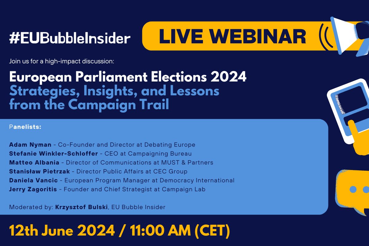 euinsidereu's tweet photo. Last chance to mark your calendars for our webinar tomorrow!

Don't miss the opportunity to hear from leading experts, including:

Adam Nyman - Co-Founder and Director at Debating Europe
Stefanie Winkler-Schloffer - CEO at Campaigning Bureau
Matteo Albania - Director of Communications at MUST & Partners
Stanisław Pietrzak - Director Public Affairs at CEC Group
Daniela Vancic - European Program Manager at Democracy International
Jerry Zagoritis - Founder and Chief Strategist at Campaign Lab

The panel will be moderated by Krzysztof Bulski, founder of the https://t.co/yQ4Snycygt.

When: 12th, June 2024 / 11:00 AM (CET)
Location: online on YouTube, LinkedIn and Twitter (X).

Details and registration 👇

https://t.co/4MA13rGRKm