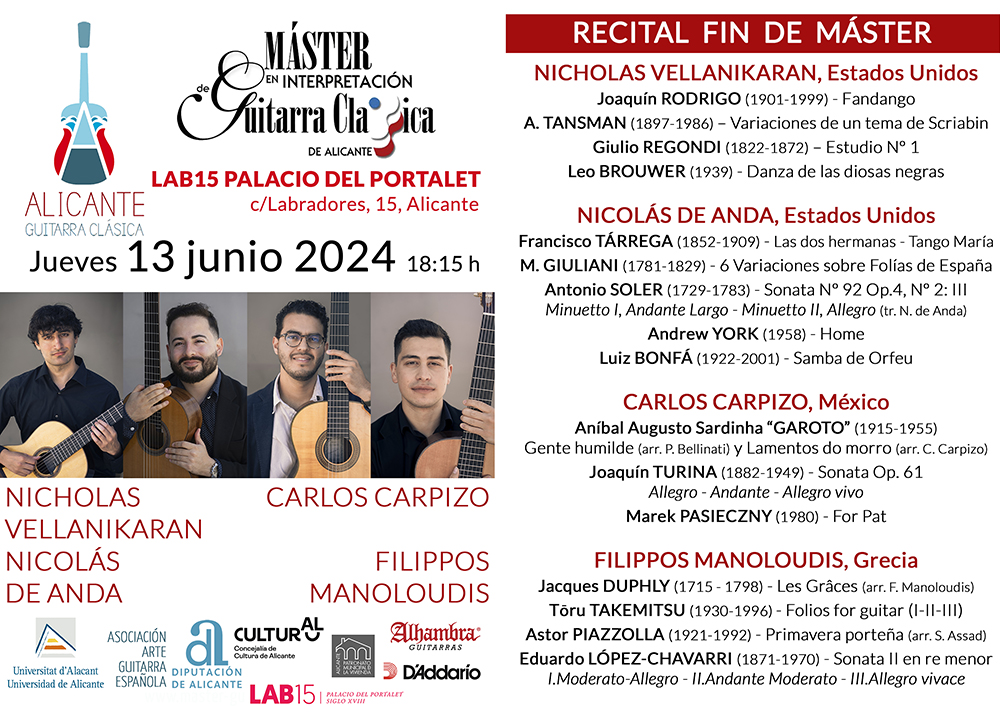Recitales Fin de Máster, entrada libre, no te lo pierdas! En LAB15 Palacio del Portalet de Alicante. Jueves 13 junio, 18:15h.