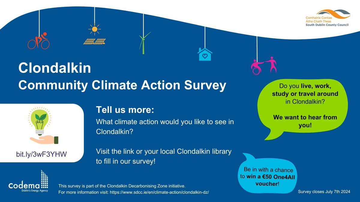 CodemaDublin's tweet image. Do you live, work or study in #Clondalkin? 

Tell us what #climateaction you would like to see happen in Clondalkin by taking our survey and be in with a chance to win a €50 voucher!  Visit your local Clondalkin library to complete the survey or visit: buff.ly/4aE1HdF