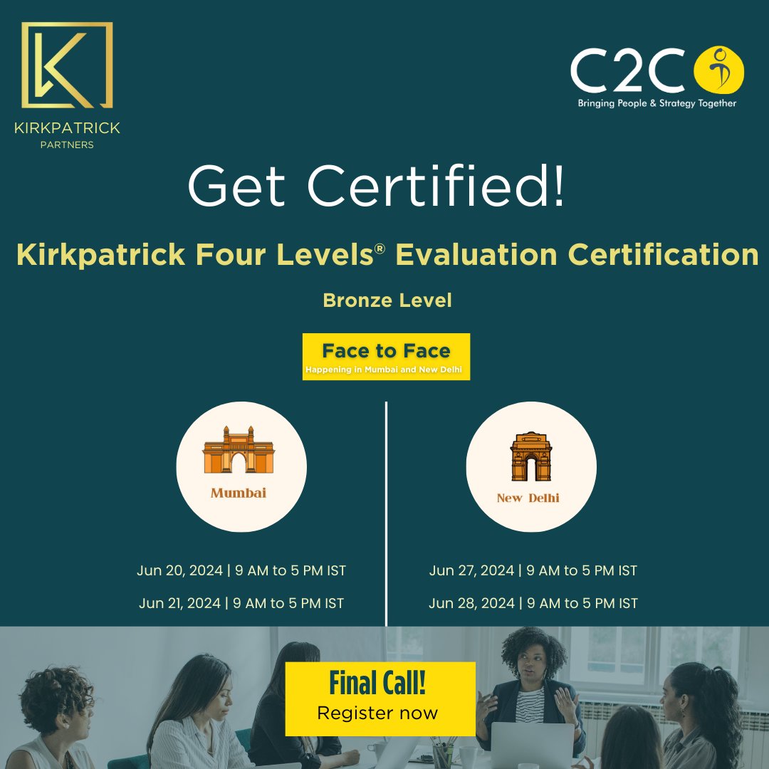 C2C-OD Bringing People & Strategy Together (@c2cod) on Twitter photo Registrations closing soon!
Get certified in the world's foremost training evaluation methodology, aligning your training with business impact.
Register by lnkd.in/g9_krcqV
or email us at: info@c2cod.com
<a href="/TheKirkpatricks/">Kirkpatrick Partners</a> <a href="/JawadAhmed_AJ/">Jawad Ahmed</a>
#KirkpatrickCertification #LnD Registrations closing soon!
Get certified in the world's foremost training evaluation methodology, aligning your training with business impact.
Register by lnkd.in/g9_krcqV
or email us at: info@c2cod.com
<a href="/TheKirkpatricks/">Kirkpatrick Partners</a> <a href="/JawadAhmed_AJ/">Jawad Ahmed</a>
#KirkpatrickCertification #LnD
