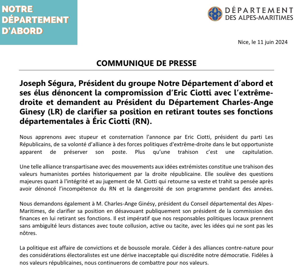 RRepublicain06's tweet photo. Joseph Ségura et les élus du groupe dénoncent la compromission d’Eric Ciotti avec l’extrême-droite et demandent au Président du Département Charles-Anges Ginesy de clarifier sa position en retirant toutes ses fonctions départementales à Éric Ciotti. https://t.co/CyVHaxeiey