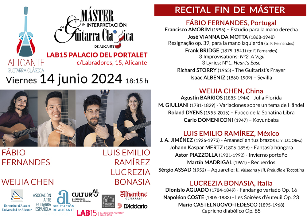 Recitales Fin de Máster, entrada libre, no te lo pierdas! En LAB15 Palacio del Portalet de Alicante. Viernes 14 junio, 18:15h.