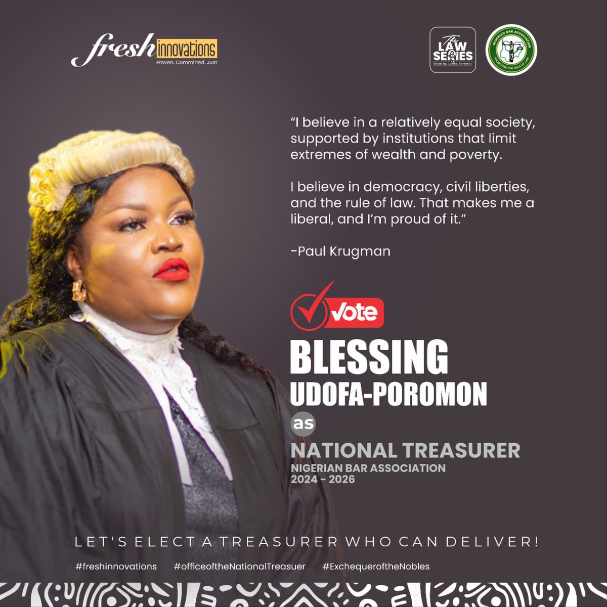 Dear distinguished colleagues and friends the Electoral Committee of the Nigerian Bar Association (ECNBA) has formally lifted the ban for campaign!
 I, Blessing Udofa-Poromon AICMC seek and solicit your support to run for the office of the National Treasurer of our association.