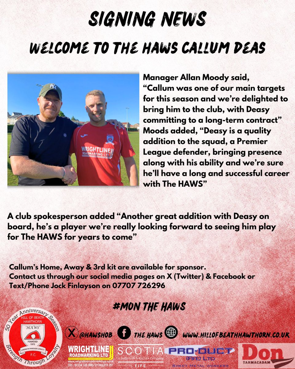 Ready for a 3rd new signing…....

We’re delighted to announce the signing of defender Callum Deas, who moves to The HAWS on expiry of his contract with The Swifts.🔴⚪️🔴 #monthehaws