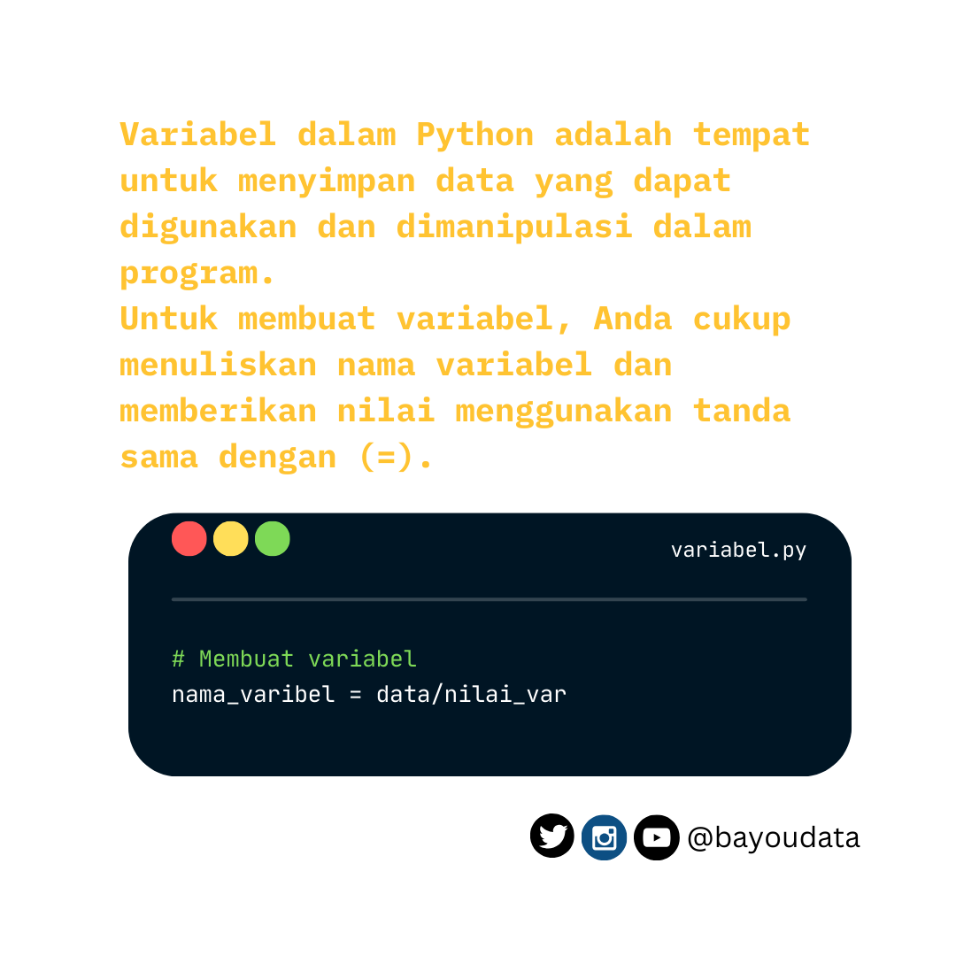bayoudata's tweet image. Apa itu variabel di dalam bahasa pemrograman python? Belajar yuk!
link course python di udemy:
udemy.com/course/kursus-…
#python #belajarpython #pemrogramanpython #pemrograman #bahasapemrograman #bahasapython