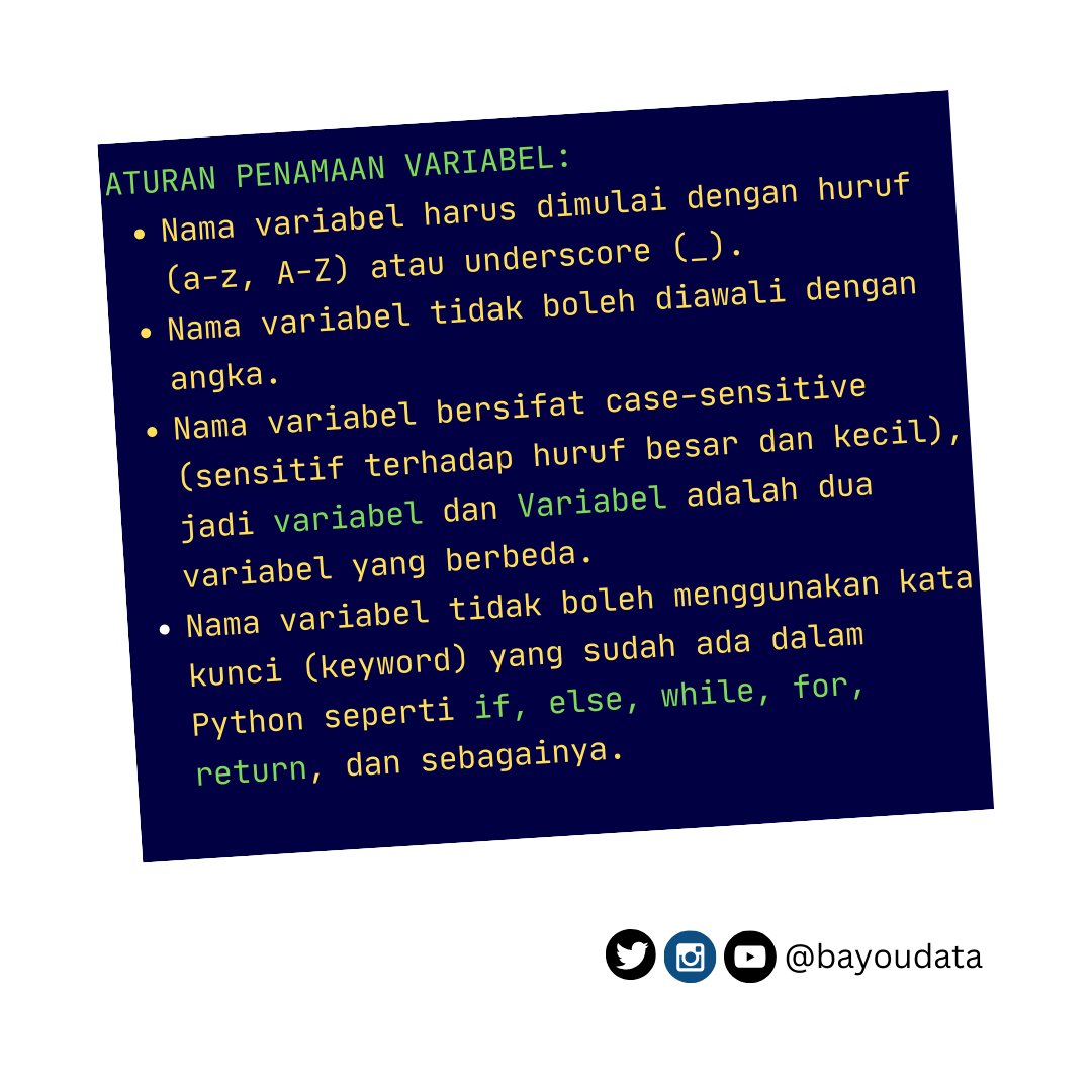 bayoudata's tweet image. Apa itu variabel di dalam bahasa pemrograman python? Belajar yuk!
link course python di udemy:
udemy.com/course/kursus-…
#python #belajarpython #pemrogramanpython #pemrograman #bahasapemrograman #bahasapython