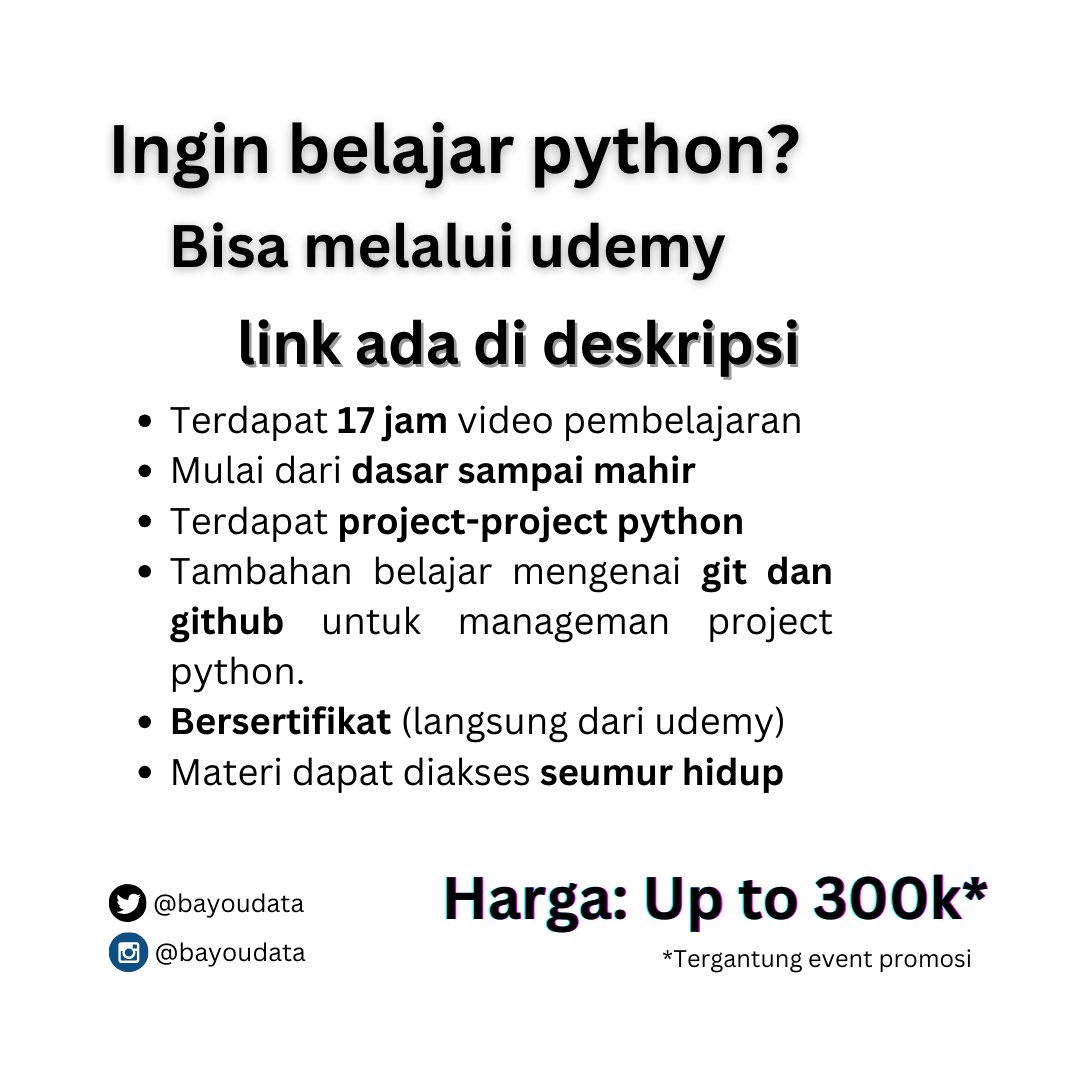 bayoudata's tweet image. Apa itu variabel di dalam bahasa pemrograman python? Belajar yuk!
link course python di udemy:
udemy.com/course/kursus-…
#python #belajarpython #pemrogramanpython #pemrograman #bahasapemrograman #bahasapython