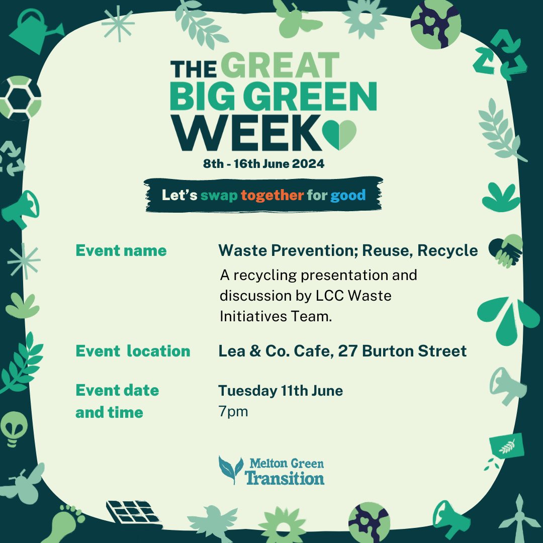 MeltonBid's tweet photo. Lots of events to enjoy during this week’s Melton Green Week 💚
Don’t forget to look out too for the “Paint the Town Green” Trail too when you’re visiting the town this week, over 30 windows to enjoy
#GreatBigGreenWeek @meltontimes https://t.co/NRGFSYIob8