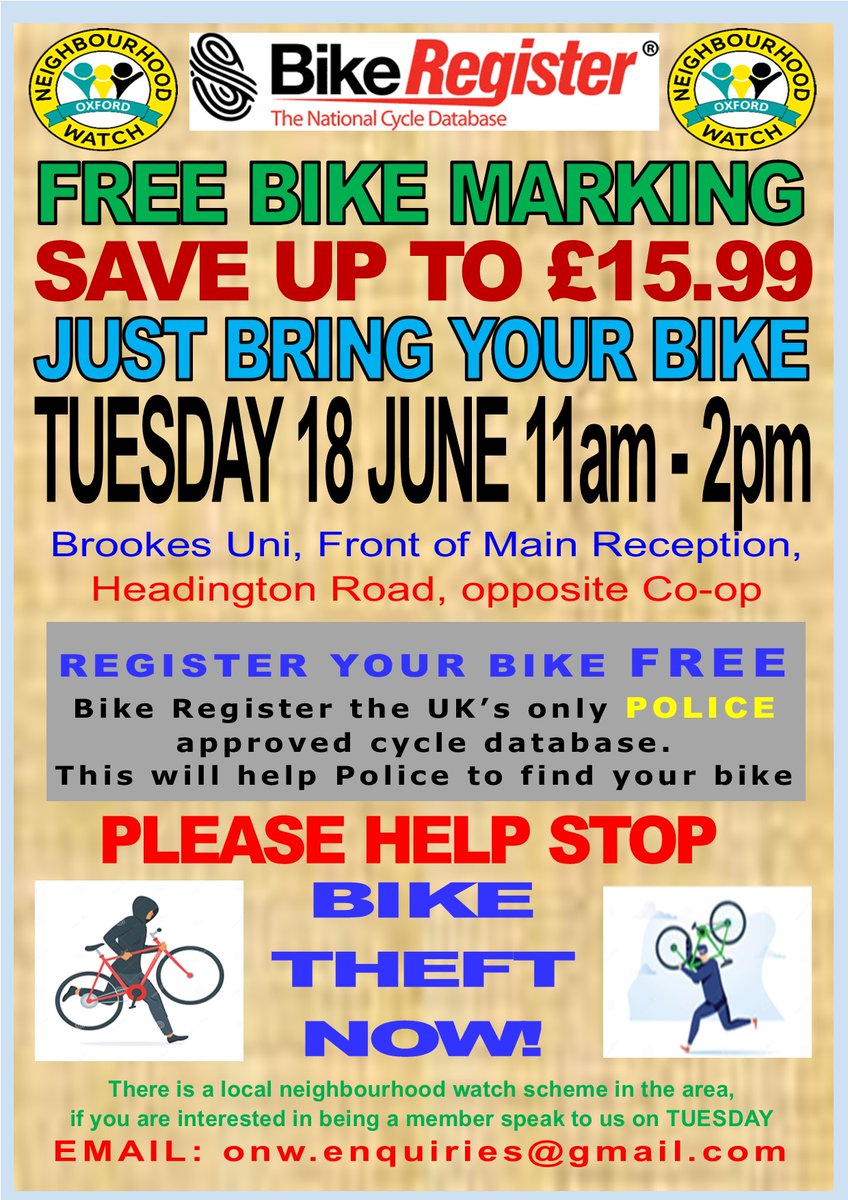 bikeregister's tweet image. @OxfordMaggie are hosting another set of bike marking events, in partnership with BikeRegister. Details below
18th June, Oxford Brooks Uni: 11am - 2pm
22nd June, Flo Fest: 12:30pm - 2:00pm

#BikeRegister #LockItMarkIt #BikeMarking #CycleCrime #TheftPrevention