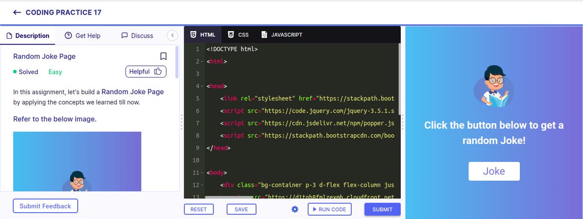 mummadi_kavya's tweet photo. Hello Everyone,

🥳🎉Completed Random Joke Page🙂 Coding Practice in Javascript.

👉Excited to conquer more JavaScript problems.

💪While solving this, I was curious and can't wait to solve more! 🧠💡💪

#JavaScript #CodingPractice #ProblemSolving #nxtwave #ccbp #ccbpian https://t.co/R3wV8EInTr