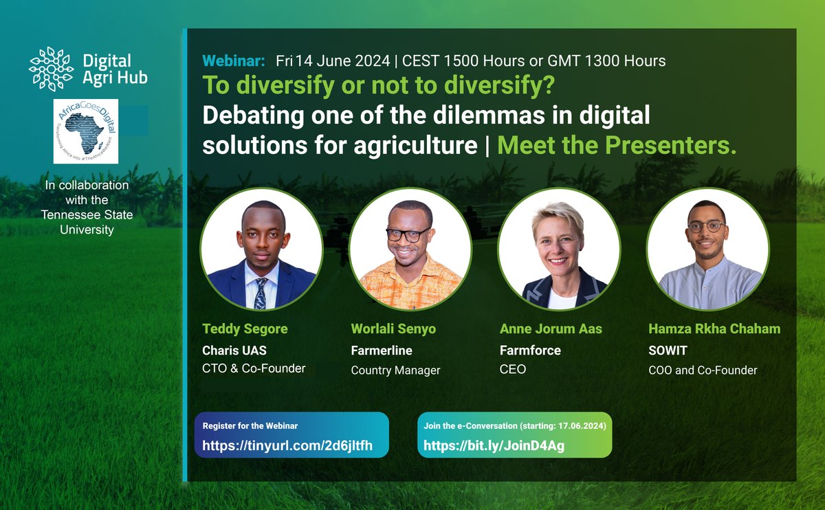 Join the next eConversation: The #D4Ag community will debate the dilemma of #diversification of #digital solutions within and or beyond the #ag sector in #LMICs
🗓️Starting with a #webinar on 14/6. Register: tinyurl.com/2d6jltfh
📱Participate in the eCon bit.ly/JoinD4Ag