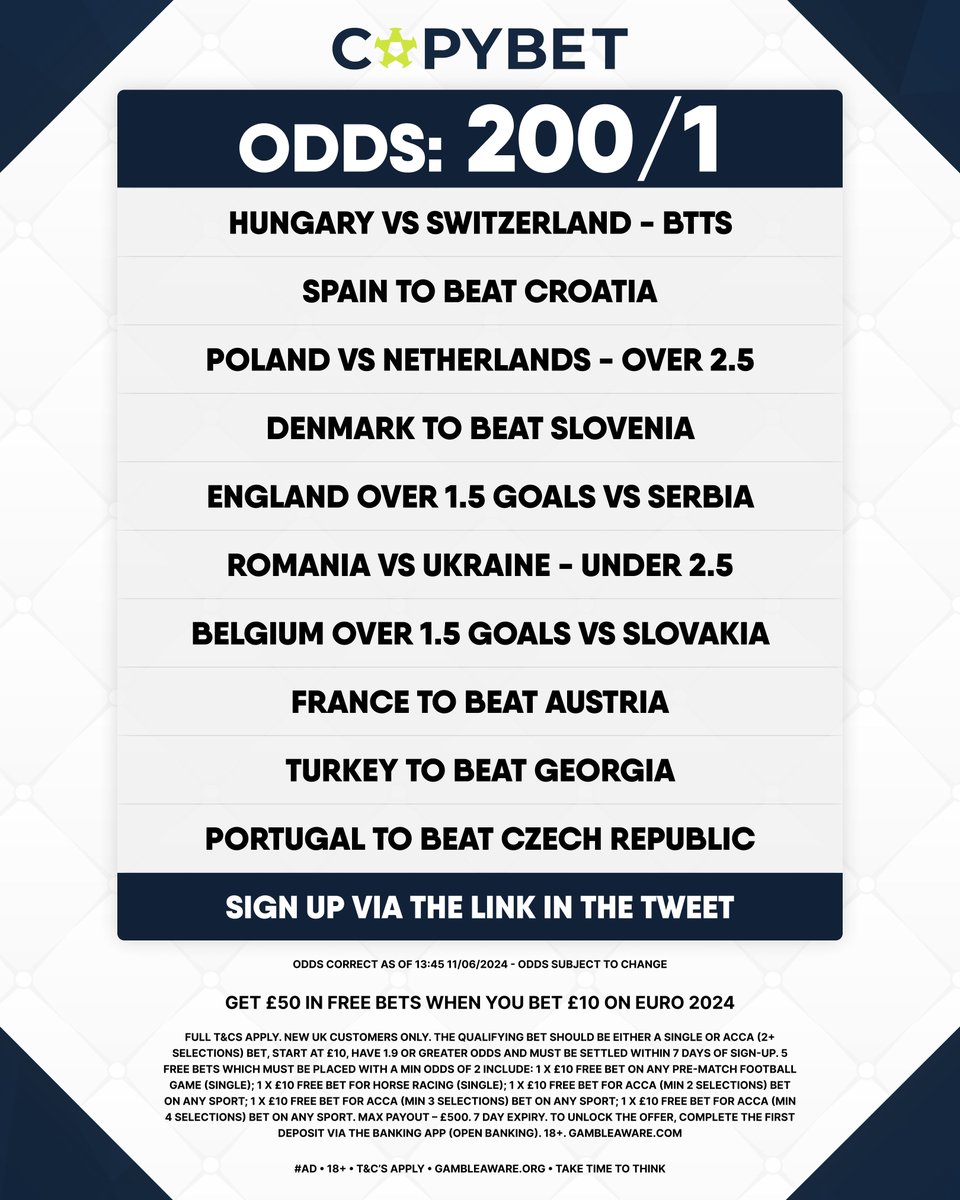 👉 200/1 #EURO2024 LONGSHOT!!!! 

😅 That's right, gone big for the opening round of games. 

👉 It's 200/1 but with CopyBet if it wins we'll get paid out an extra £400 with their ACCUMULATOR BONUS: smartaccatip.link/CopyBetOffer

💚 LIKE IF YOU WANT TO SEE MORE! 

#Ad 18+ GambleAware