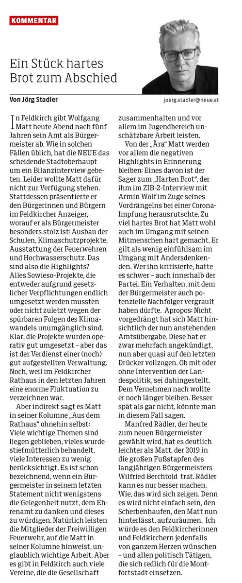 Ciao mit Au. Was bleibt, ist ein Stück hartes Brot, an dem Feldkirch noch lange zu knabbern haben wird. Mein Kommentar zur Amtszeit von Bürgermeister Wolfgang Matt in der <a href="/NEUEVT/">NEUE Vorarlberger Tageszeitung</a> 

#feldkirch #vorarlberg #wolfgangmatt #bürgermeister #impfgate #zib2 #politik #arminwolf