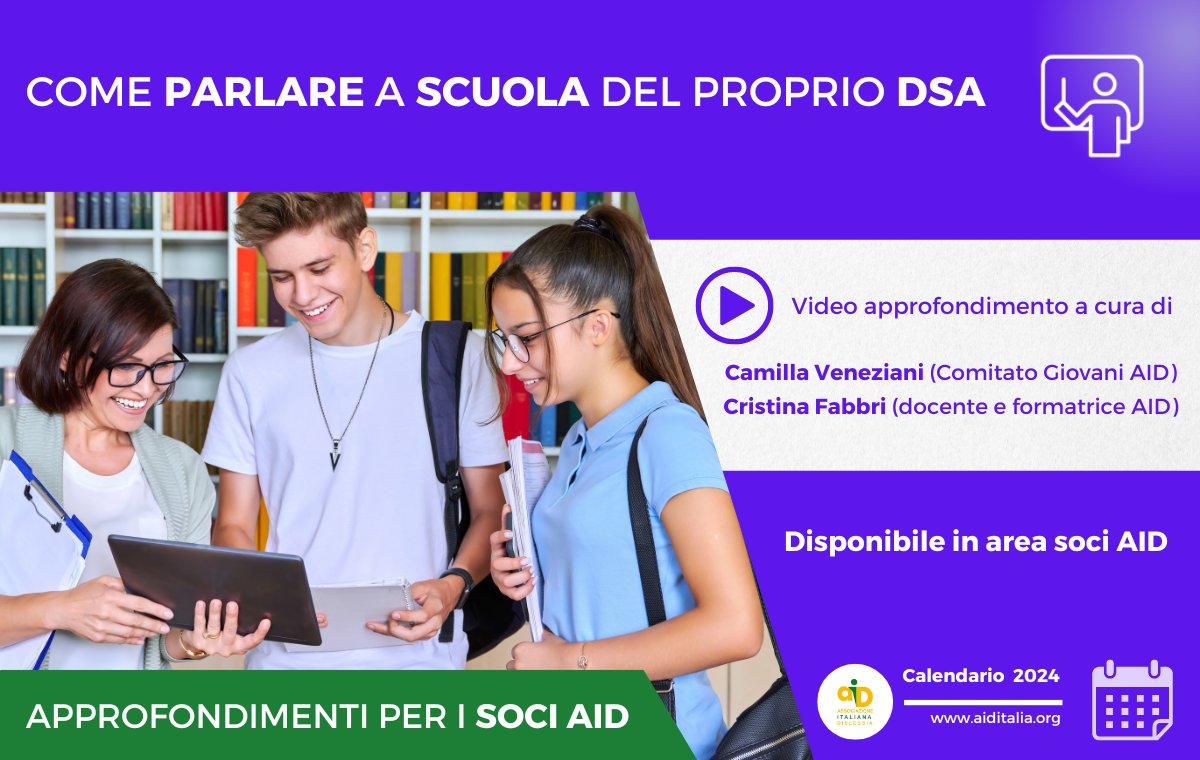 Come può un #docente rapportarsi al meglio con uno #studente con #DSA? Camilla Veneziani (Comitato Giovani AID) e Cristina Fabbri (docente, formatrice AID) approfondiscono alcuni aspetti emotivi, raccontano le loro esperienze e forniscono consigli sul tema
bit.ly/video_soci_giu…