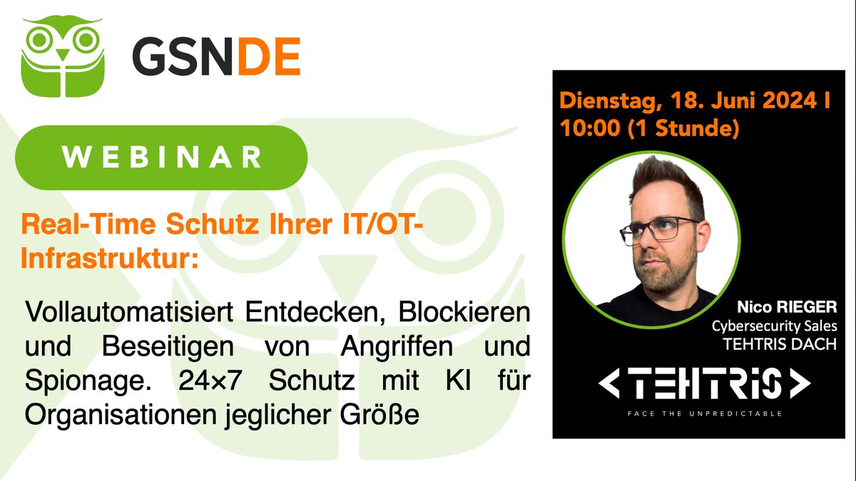 [WEBINAR] Real-Time Schutz Ihrer IT/OT-Infrastruktur: Vollautomatisiert Entdecken, Blockieren und  Beseitigen von Angriffen und Spionage. 24×7 Schutz mit KI für  Organisationen jeglicher Größe.

🗓 Dienstag, 18. Juni 2024 ⏰ 10:00
👉 lnkd.in/eWMT9syf

#cybersecurity