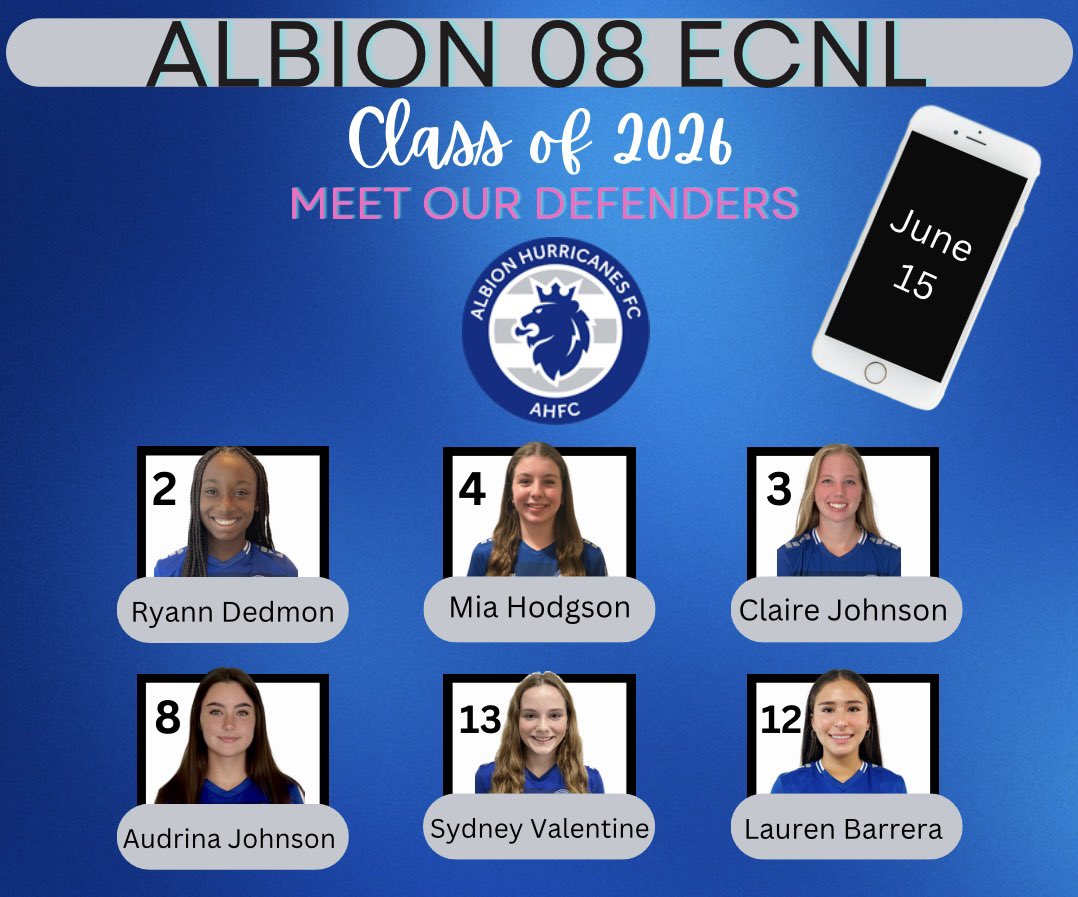 We are 4 days away from our Class of 2026 beginning their recruitment process.  Coaches, check out our talented group of defenders.  

<a href="/ChopDedmon2/">Ryann Dedmon</a> 
@MHodgson08 
<a href="/claire_j08/">Claire Johnson</a> 
<a href="/lauren_barr12/">Lauren Barrera</a> 
<a href="/AudrinaJSoccer/">Audrina Johnson</a> 
<a href="/syd_val2026/">Sydney Valentine | 2026</a> 

You can catch them in action June 22-27 in Seattle!