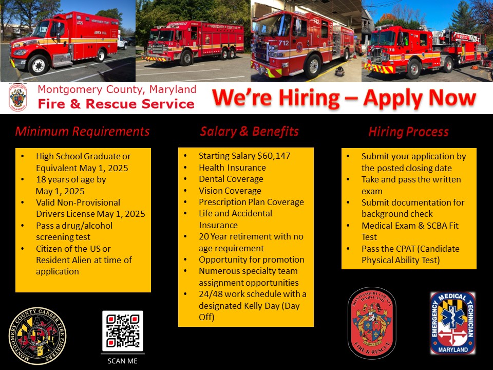 MCFRSRecruiting's tweet image. Good Morning Future MCFRS Candidates!!!!
The application period is officially &quot;OPEN&quot; for the position of Firefighter/Rescuer I Recruit and will close on July 10, 2024. Follow the link below to apply online and Good Luck!

montgomerycountymd.gov/mcfrs-recruiti…