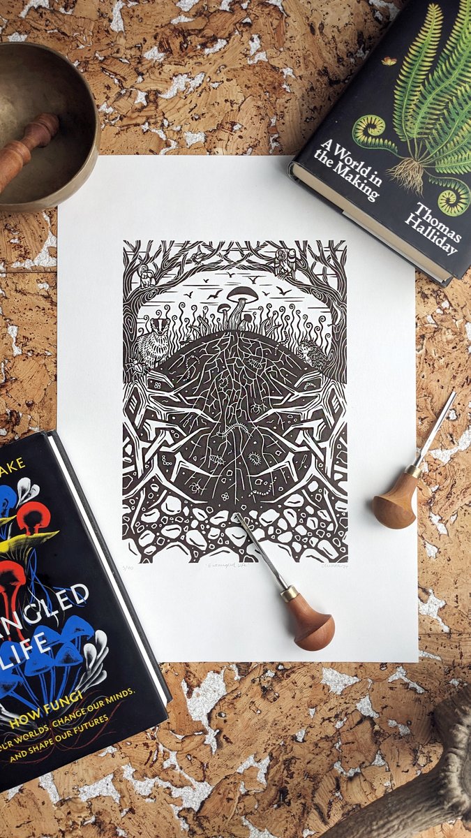 chiaramensaart's tweet photo. Posting some of my most recent work, starting with 'ENTANGLED LIFE', a limited edition #linocut print capturing the hidden complexity of mycorrhizal networks, soil and woodland communities.

Original copies are available from my online shop:
https://t.co/fCQIi64noB

#printmaking https://t.co/U2Jx501oAU