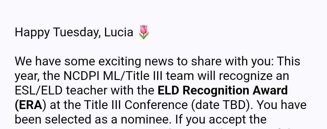This year I was nominated for the ELD Recognition Award in NC.

Even though I did not win,  it was an honor to be nominated and to respresent the ESL teachers in JCPS.

I am blessed beyond words. ❤️

#Unitingourworld 
<a href="/ParticipateLrng/">Participate Learning</a> 
<a href="/ClaytonMSEagles/">Clayton Middle</a> 
<a href="/JCPS_ESL/">JCPS English as a Second Language Department</a>