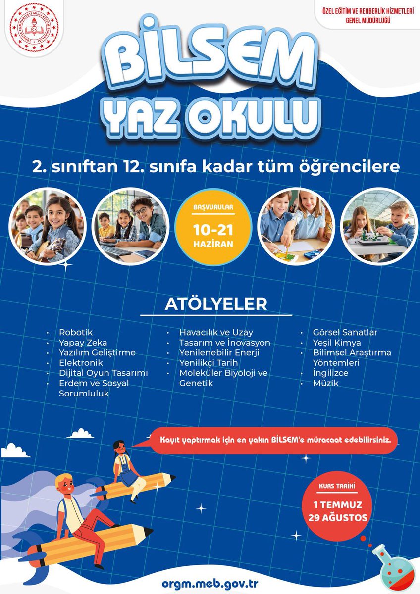 ToroslarBilsem's tweet photo. 📢 2023-2024 eğitim öğretim yılında örgün eğitime devam eden 2⃣-1⃣2⃣. Sınıfta bulunan tüm öğrenciler için Bilim ve sanat merkezlerinde (BİLSEM) açılacak yaz okullarına başvurular başladı.  ☀️ 📚

🗓️ Başvuru Tarihleri: 1⃣0⃣ - 2⃣1⃣ Haziran

🗓️ Kurs Tarihi: 1⃣ Temmuz - 2⃣9⃣ Ağustos https://t.co/iTdqYxXazP