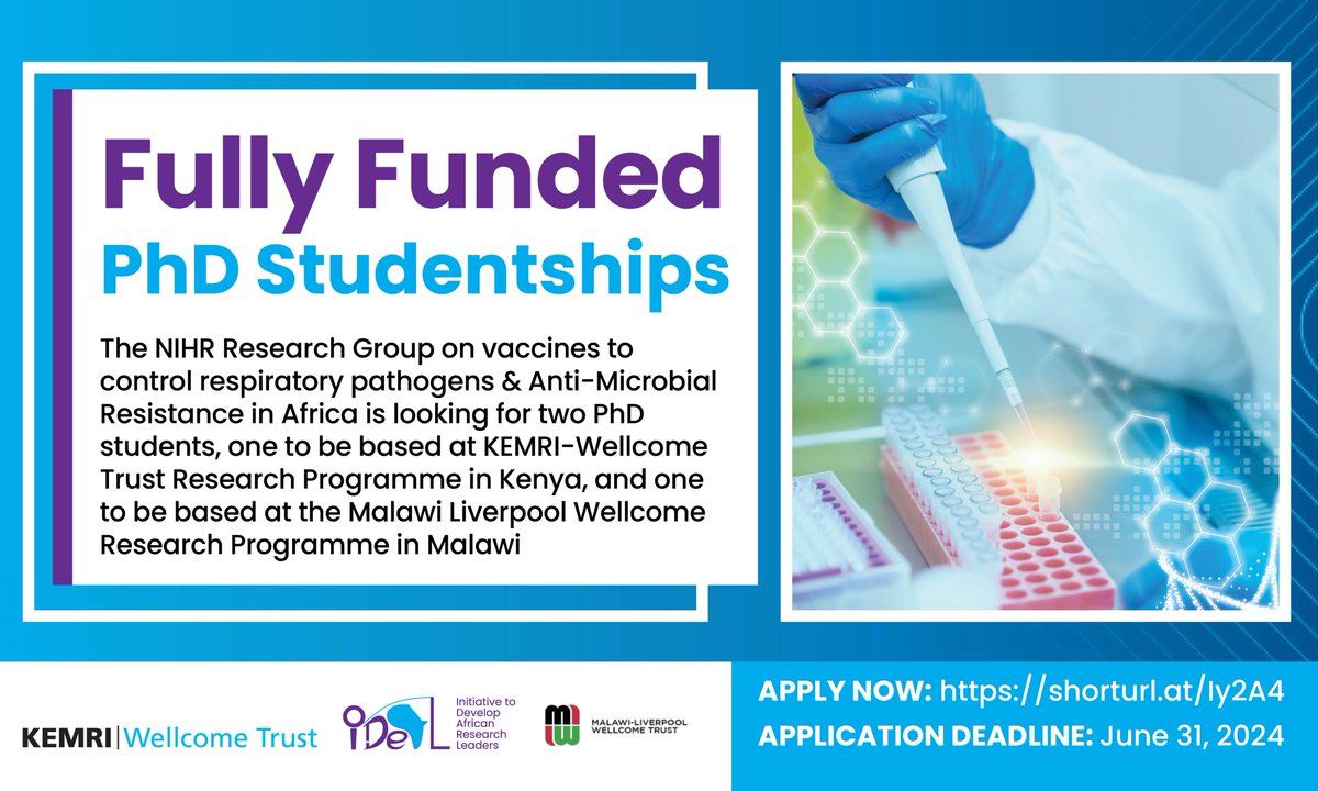IDeAL, Africa (@ideal_kemri_wt) on Twitter photo Ready to make a difference in global health? Join our interdisciplinary team for 2 PhD studentships focusing on vaccines & AMR control! Based in Kenya at <a href="/KEMRI_Wellcome/">KEMRI-Wellcome Trust</a> and in Malawi at <a href="/MLW_Programme/">Malawi Liverpool Wellcome Programme</a>
Deadline: June 31, 2024.
Details: shorturl.at/Iy2A4
Share Widely Ready to make a difference in global health? Join our interdisciplinary team for 2 PhD studentships focusing on vaccines & AMR control! Based in Kenya at <a href="/KEMRI_Wellcome/">KEMRI-Wellcome Trust</a> and in Malawi at <a href="/MLW_Programme/">Malawi Liverpool Wellcome Programme</a>
Deadline: June 31, 2024.
Details: shorturl.at/Iy2A4
Share Widely