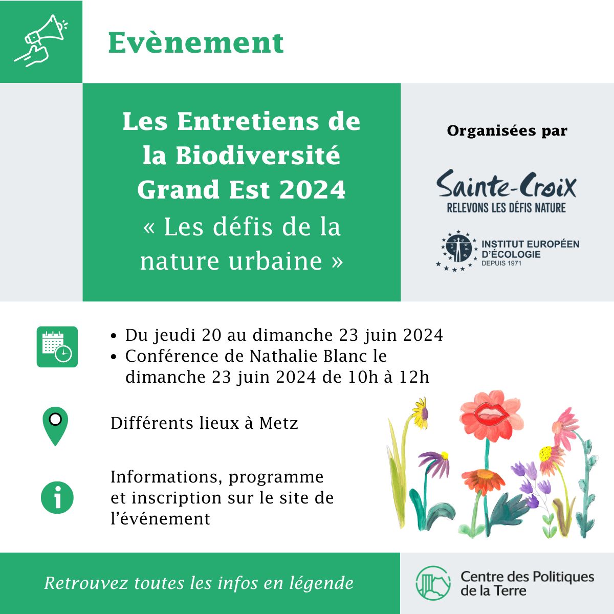 CentrePolTerre's tweet photo. Du 20 au 23/06 se tiendra la 3è édition des Entretiens de la Biodiversité du Grand Est 2024, coorganisée par le @Parc_SteCroix et l’Institut Européen de l’Écologie, sur le thème « Les défis de la nature urbaine ».  Informations, programme et inscription : https://t.co/cxy7aEqCoR https://t.co/ntNOMMiZED