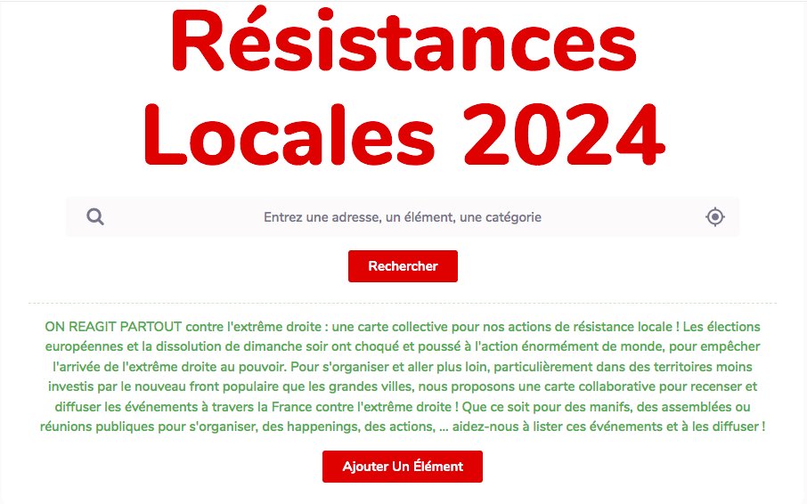 📍Une carte collaborative pour recenser et diffuser les événements à travers la France contre l'extrême droite pour mieux se coordonner ! 

➡️ Que ce soit pour des manifs, des assemblées ou réunions publiques, des actions : partagez ! 
resistanceslocales2024.gogocarto.fr