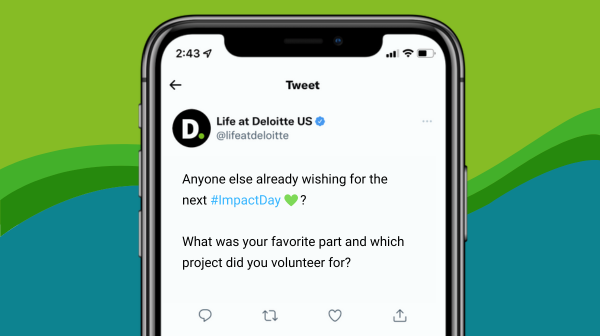 DavidLangenmayr's tweet photo. Join Deloitte in celebrating what you did to help your community for #ImpactDay. There is no task too big or too small, every effort makes a difference. #ImpactThatMatters 🌎 https://t.co/WgsVIy1FqK https://t.co/tlTr1xu4zR