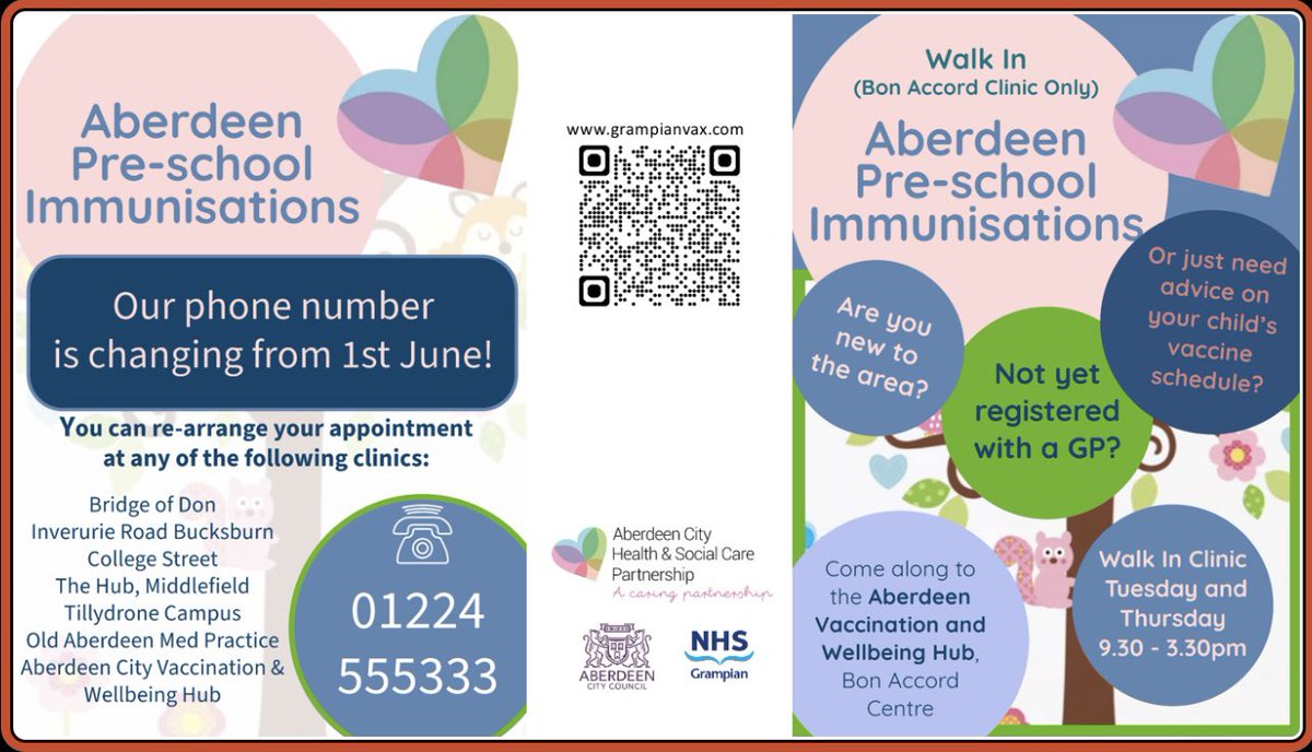 Come in and see us at Aberdeen City Vaccination &amp; Wellbeing hub on Tuesday's and Thursday to speak to a pre-school immunisation nurse about your child's vaccine schedule?  Walk in between 9.30 - 3.30.  Please share. <a href="/NHSGrampian/">NHS Grampian</a> <a href="/HSCAberdeen/">Aberdeen City HSCP</a>
<a href="/carolineand73/">Caroline Anderson</a> 
<a href="/smain64/">Stephen Main</a> 
<a href="/gillbruce61/">GHB</a>