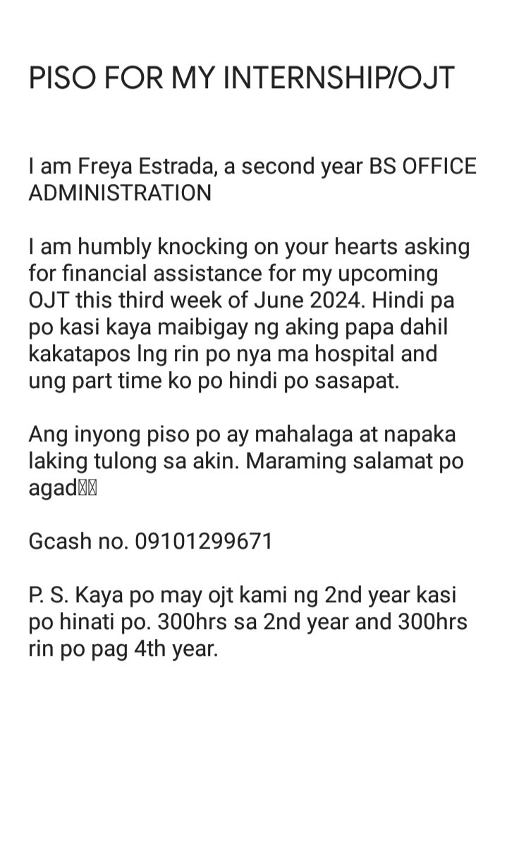 PISO FOR MY INTERNSHIP/OJT

Please help rt po🙏🥺