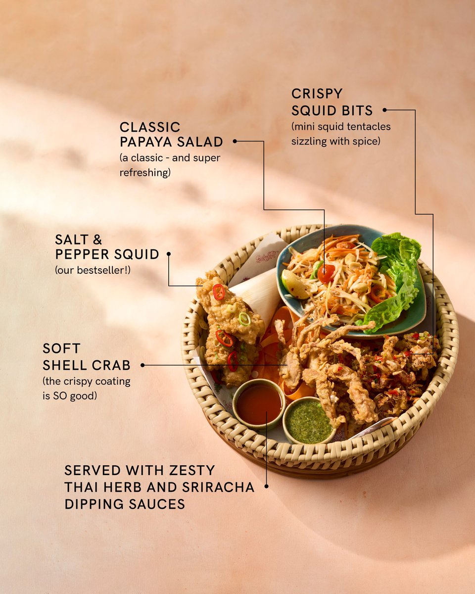 Introducing the new kid on the 'wok'! 🍤

The Fisherman's Feast sharing platter features a selection of our best-selling starters, served with a zesty Thai herb and Sriracha dipping sauces.