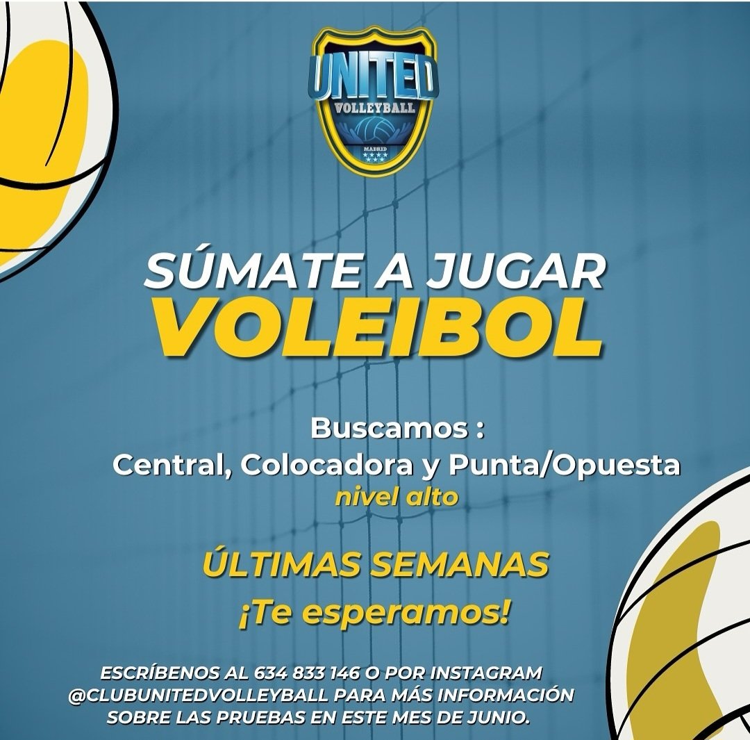 marisapardines's tweet photo. Hola! Buscamos jugadoras de voley para un equipo femenino en Madrid. Anímate! Buscamos central, colocadora y punta/opuesta 🏐😀 #voley #volleyball #voleibol https://t.co/J2aqJES0oE