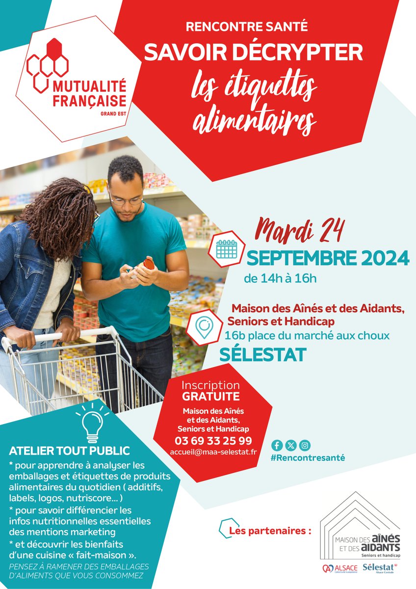 📆 24.09.24 à #Sélestat (67) : atelier #SavoirDécrypterLesEtiquettesAlimentaires | Objectif : aider les participants à contrôler la qualité de leur #alimentation &amp; manger + sainement | Gratuit | Inscriptions : accueil@maa-selestat.fr | Organisé avec <a href="/villedeselestat/">selestat.fr</a> <a href="/toutelalsace/">Toute l'Alsace</a>