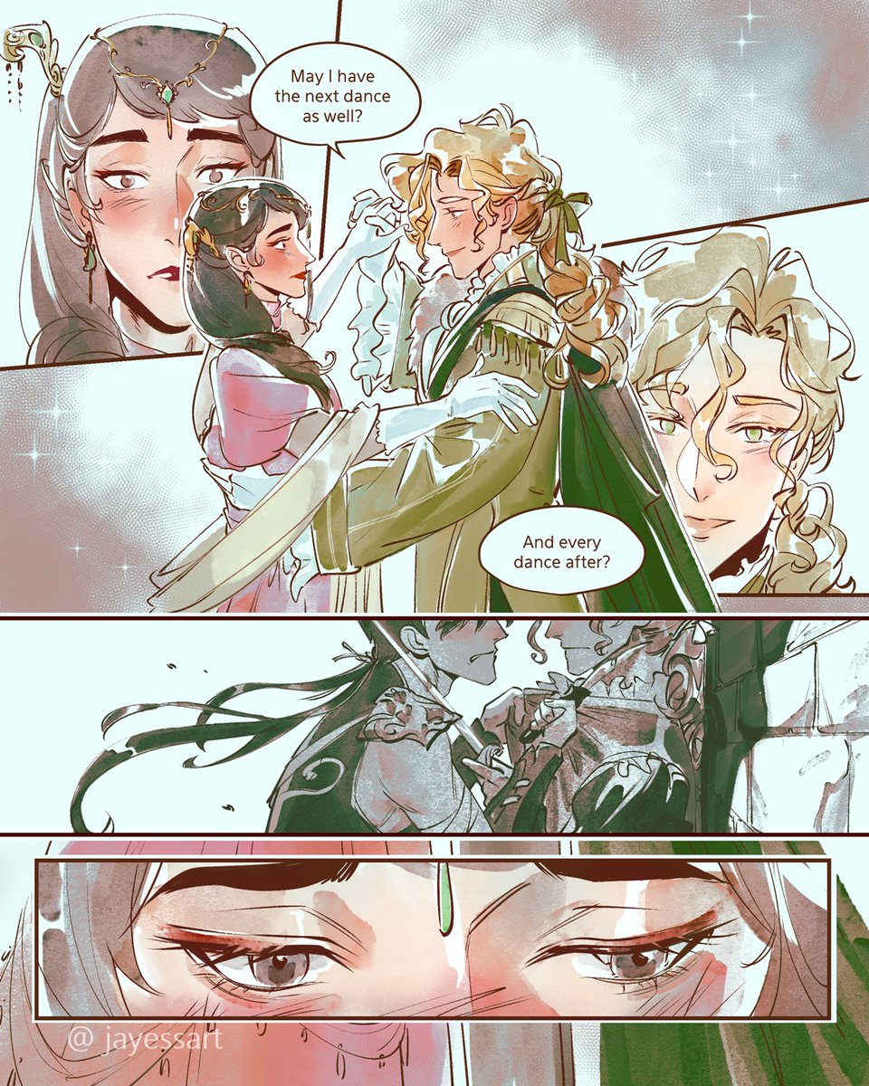 Redraw of my webcomic An Affair in Assumptions for my patreon (@/januarysun) from several months ago! Experimenting with a new style