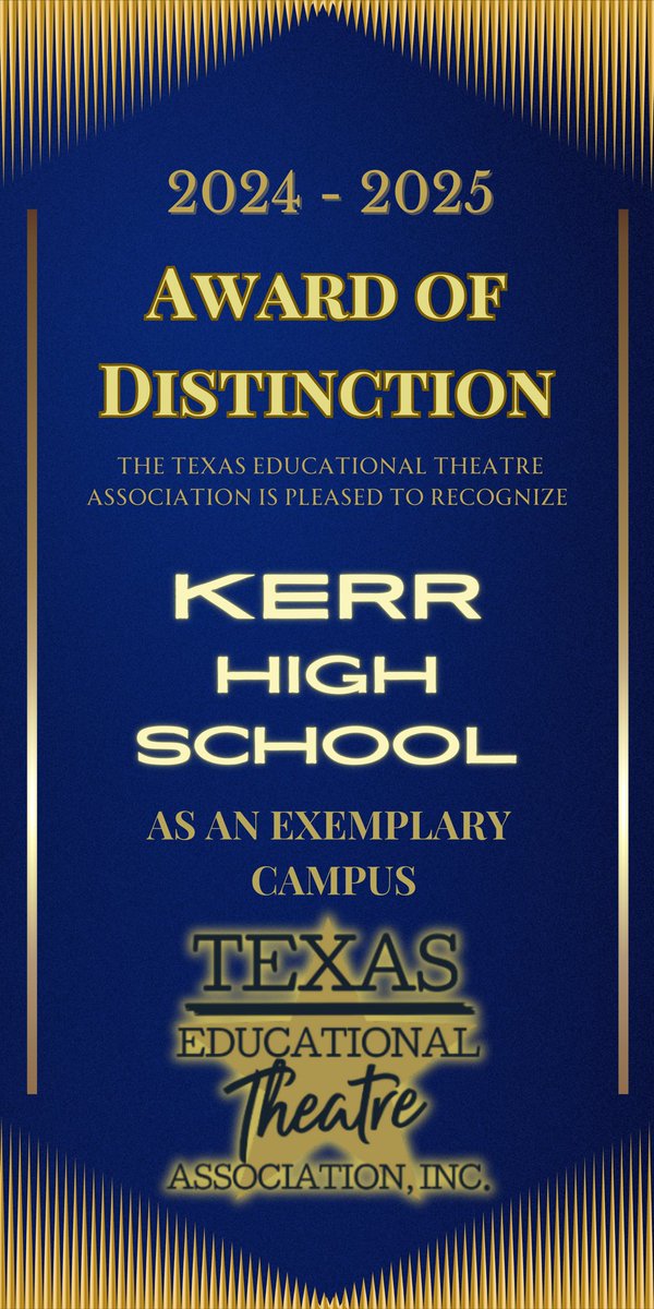 CadreKerr's tweet photo. Cadre Kerr recorded Exemplary School of Distinction from TxETA! Recognized for excellence in production, course offerings, community outreach and student leadership! Congrats TEAM!!! We did it!!! @AliefISD @aliefFineArts @RenferdJoseph @AliefKerr https://t.co/e6TFdkBvAm