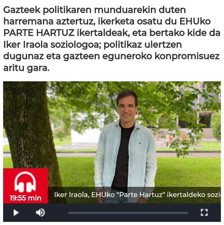 .<a href="/euskadi_irratia/">Euskadi Irratia</a>-n izan gara, Faktoria magazinean, #GazteakEtaPolitika ikerketa soziologikoaz hitz egiten. 
 
Balizko despolitizazioaz, eskuin-muturraz, hauteskundeez... aritzeko aukera ere izan dugu.

👉🏽 eitb.eus/A_1GlmkA/