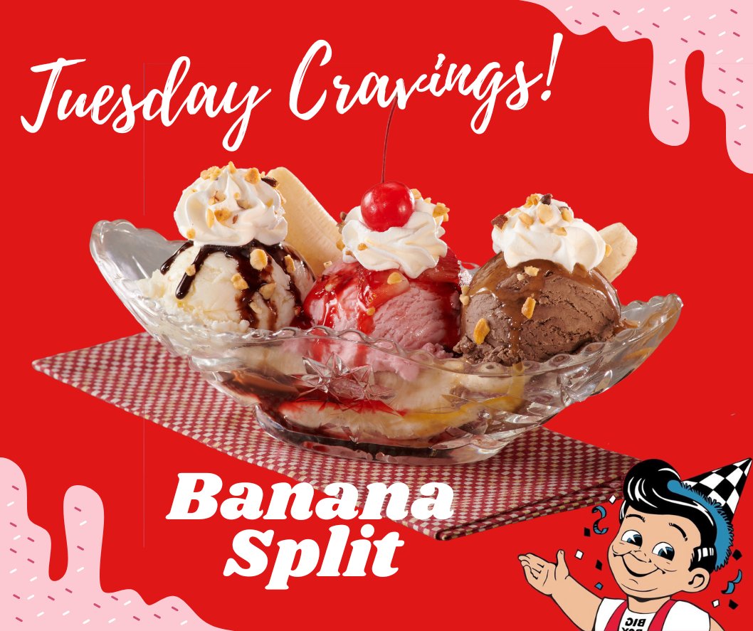 BobsBigBoyNorco's tweet photo. Indulging in a Tuesday treat: a classic Banana Split. Sweet escape from the week, one delicious bite at a time.π¨
#ItsYourBigBoy #tuesdaycravings #bananasplit https://t.co/QYv4RexRGn
