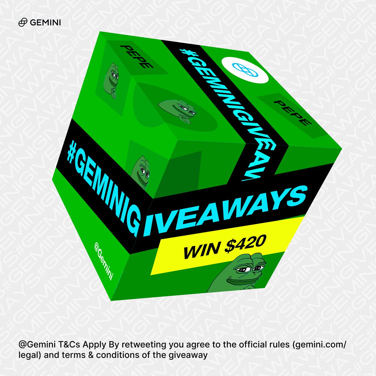 Gemini's tweet image. Welcome back to #GeminiGiveaways✨ We heard you liked $PEPE 🐸 So we’re giving away $420 of it to 1 new or existing Gemini user

MUST follow the rules to enter: bit.ly/420pepe