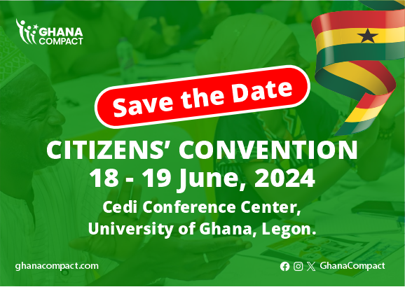 #SAVETHEDATE: Join us at the #GhanaCompact Citizens' Convention at the Cedi Conference Center, University of Ghana, Legon, from 18th to 19th June, 2024 to discuss and deliberate on topical issues of national interest. #CitizensConvention2024 #ACETGhana