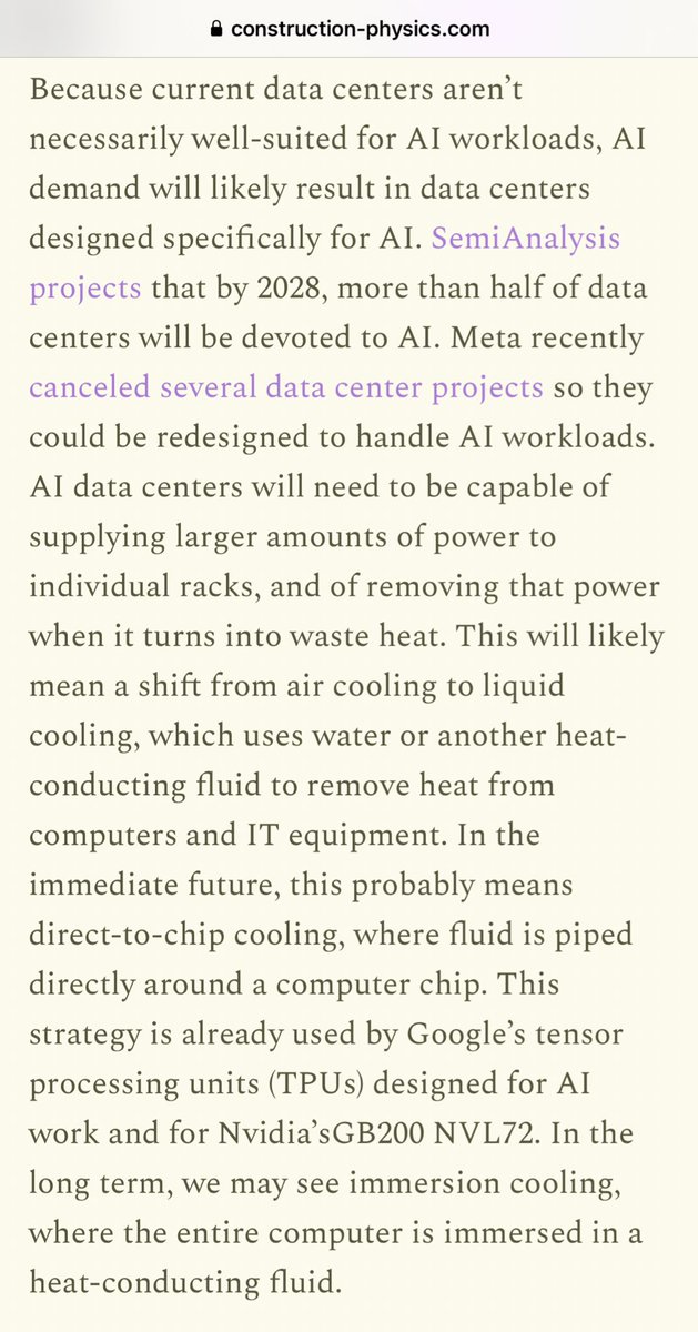 Some key takeaways from this must-read piece:

- AI data centers are not like other data centers &amp; have different requirements

- By 2028 more than half of data centers will be devoted to AI

- Meta has already canceled multiple data center projects to redesign them for AI