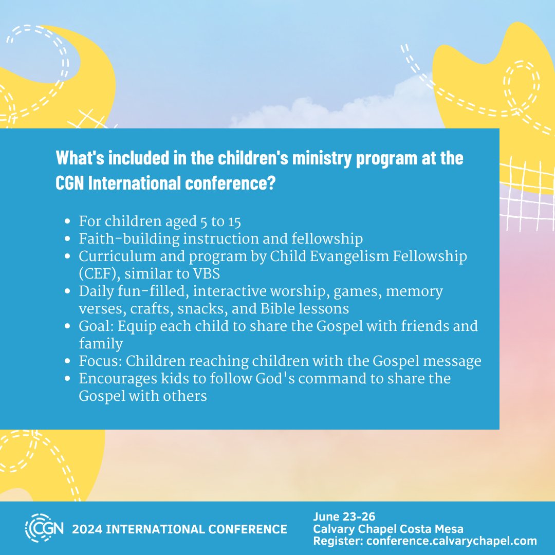 CGlobalNetwork's tweet image. We're thrilled for the little ones to soak up knowledge at this year's CGN Conference! @ChildEvangelism is offering something truly unique: empowering kids to share the Gospel! Sign up today for an inspiring experience for both you and your children!

conference.calvarychapel.com